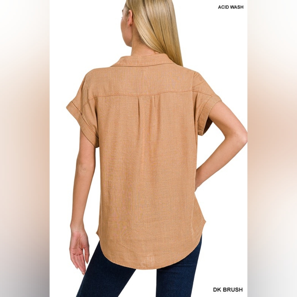 NWT - Linen Blend Acid Washed Button-Down Batwing Sleeve Deep Camel Shirt - Picture 6 of 6